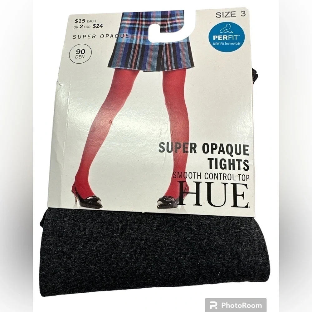 Hue Super Opaque Graphite Heather Tights Smooth Control Top Perfit NWT Size 3